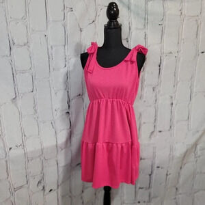 Bright Pink Fuchsia Tiered with Tie Knot Shoulder Rounded Ruffle Hem Summer Dres